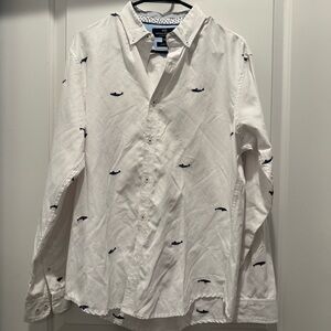 Michael Brandon White Long-Sleeve Button-Down Shirt with Navy Whale Embroidery